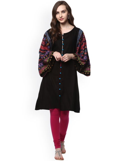 

Evam Women Black & Pink Printed A-Line Kurta