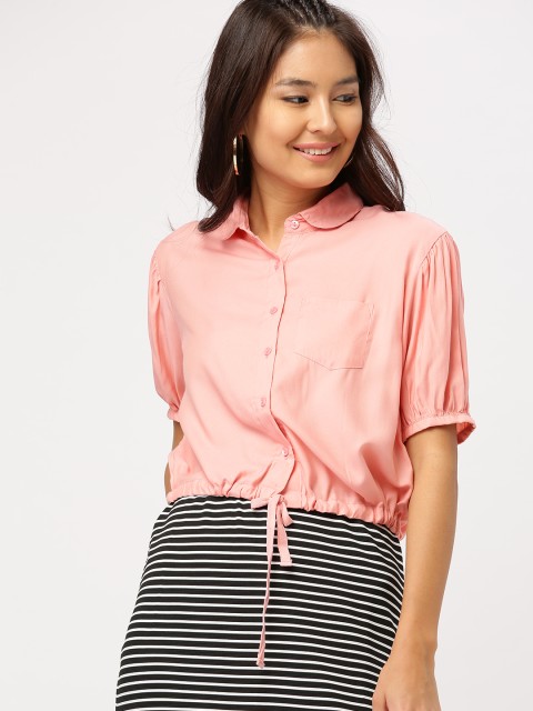 

DressBerry Women Peach-Coloured Solid Crop Casual Shirt