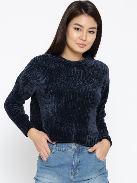 

ONLY Women Navy Velvet Finish Crop Pullover, Navy blue