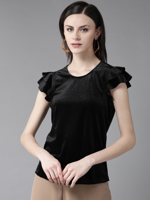

ONLY Women Black Solid Velvet Finish Top