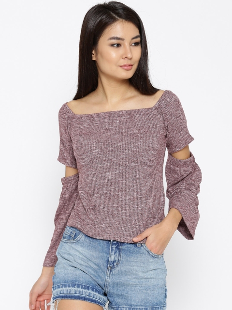 

ONLY Women Burgundy Solid Top with Cut-Out