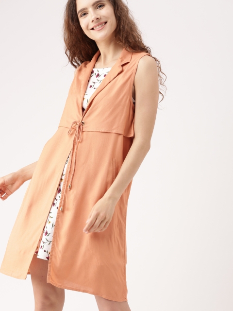 

DressBerry Peach-Coloured Solid Tie-Up Longline Shrug