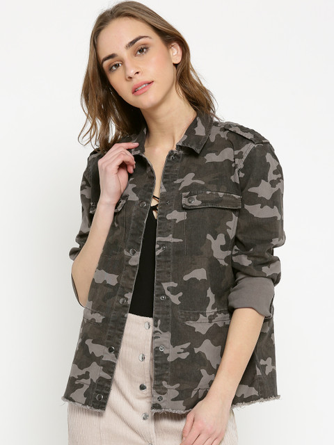 

ONLY Women Olive Brown & Grey Printed Denim Jacket