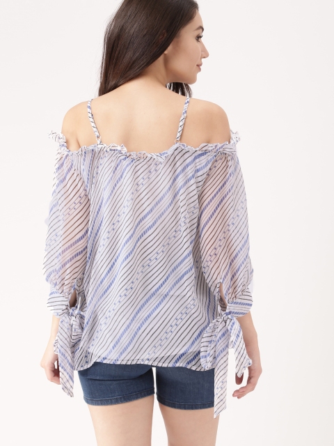 

DressBerry Women Off-White & Blue Printed Semi-Sheer Top