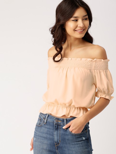 

DressBerry Women Peach-Coloured Solid Bardot Top