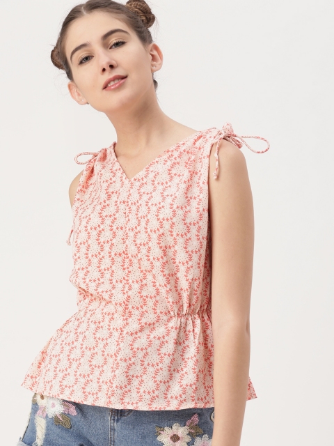 

DressBerry Women Peach-Coloured Printed Cinched Waist Top
