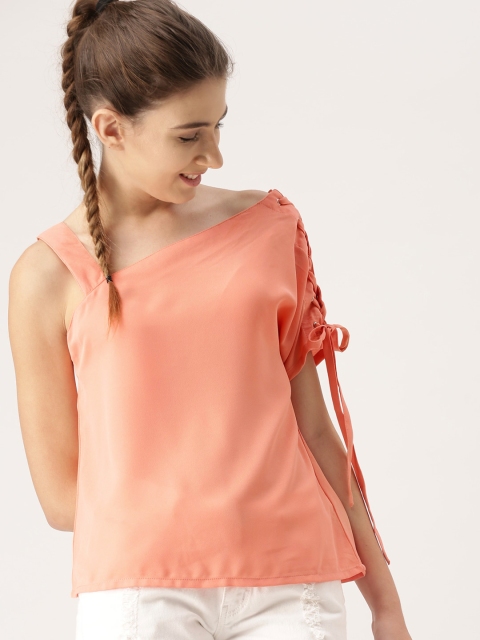 

DressBerry Women Peach-Coloured Solid Asymmetric Neck Top