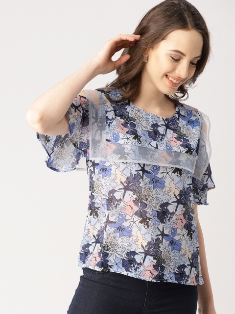 

DressBerry Women Blue Printed Cold-Shoulder Top