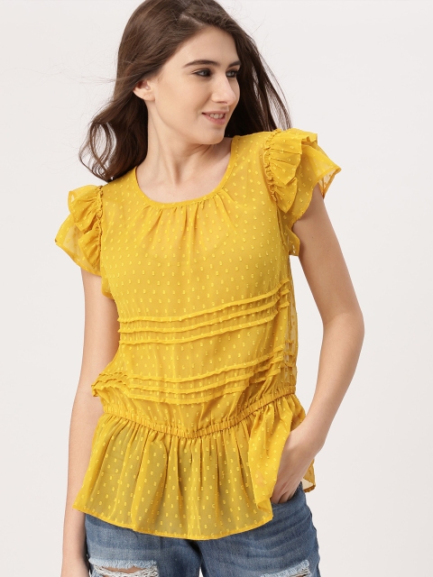 

DressBerry Women Mustard Yellow Self Design Semi-Sheer Top