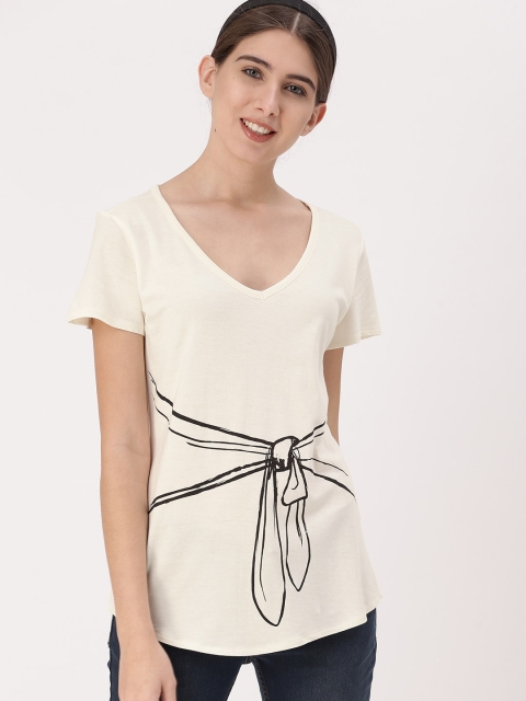 

DressBerry Women Off-White Printed V-Neck T-shirt