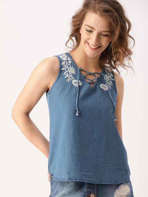 

DressBerry Women Blue Self Design Top