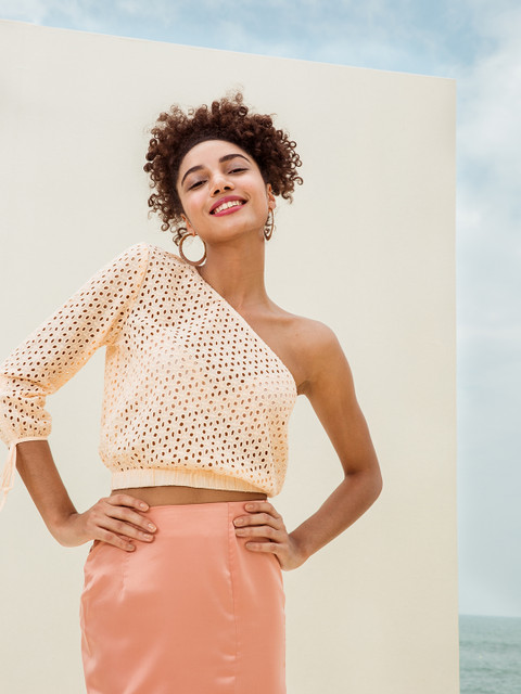 

DressBerry Women Peach Self Design One-Shoulder Top