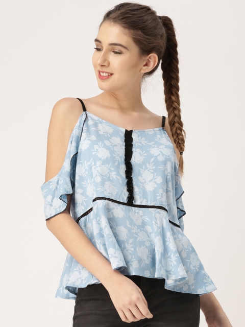 

DressBerry Women Blue Printed Cold-Shoulder Top