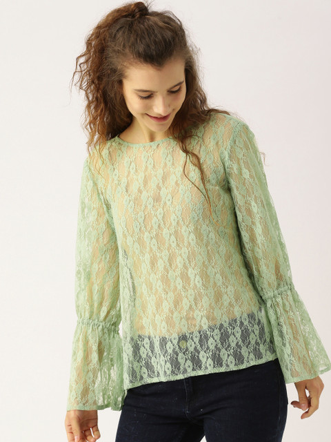

DressBerry Women Green Self Design Boxy Top