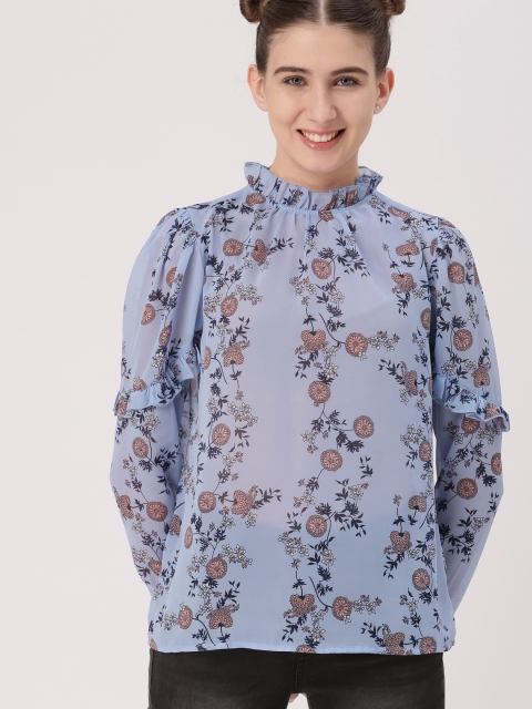 

DressBerry Women Blue Printed Semi-Sheer Top
