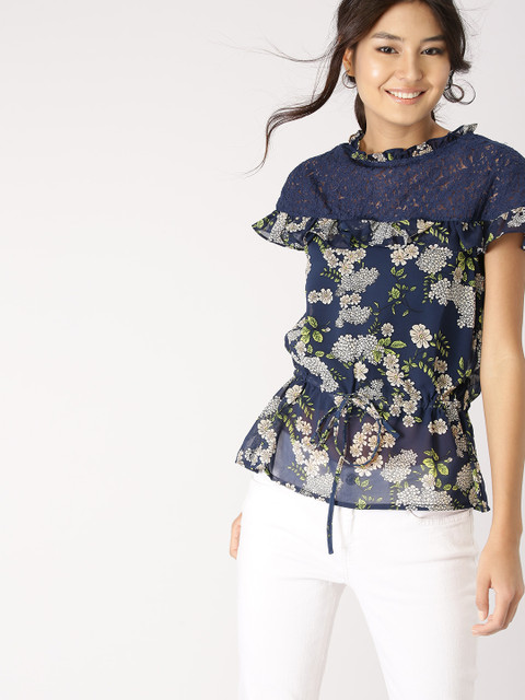 

DressBerry Women Navy & White Printed Cinched Waist Top, Navy blue