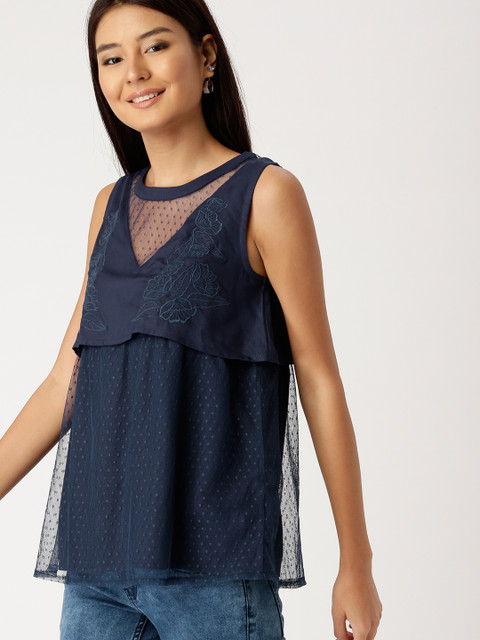 

DressBerry Women Navy Self-Design A-Line Top, Navy blue