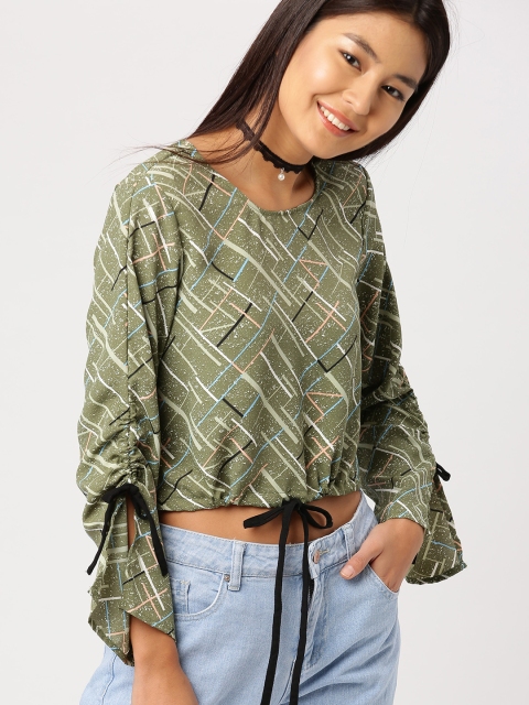 

DressBerry Women Olive Green Printed Crop Blouson Top