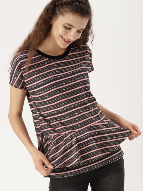 

DressBerry Women Black Striped Peplum Top