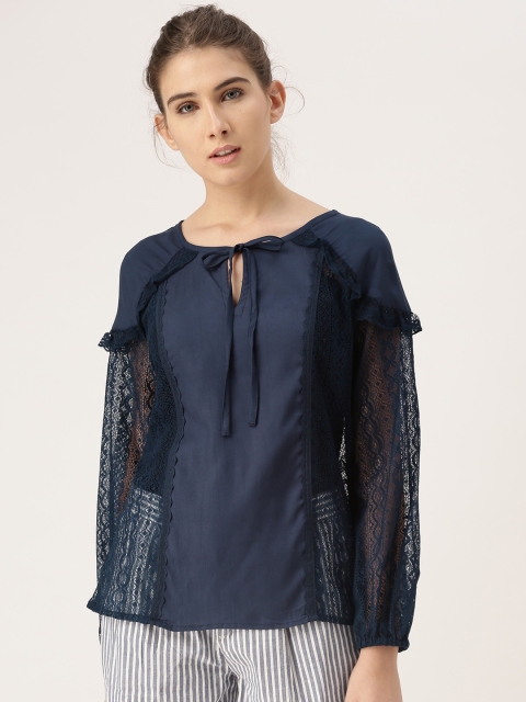 

DressBerry Women Navy Blue Self Design Semi-Sheer Top