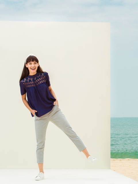 

DressBerry Women Navy Self Design Top, Navy blue