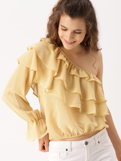 

DressBerry Women Mustard Yellow Striped One-shoulder Blouson Top