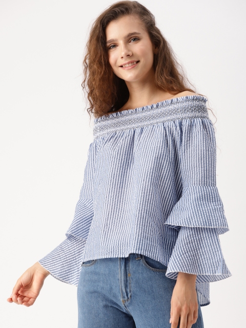 

DressBerry Women Blue and White Striped Off-Shoulder Bardot Top