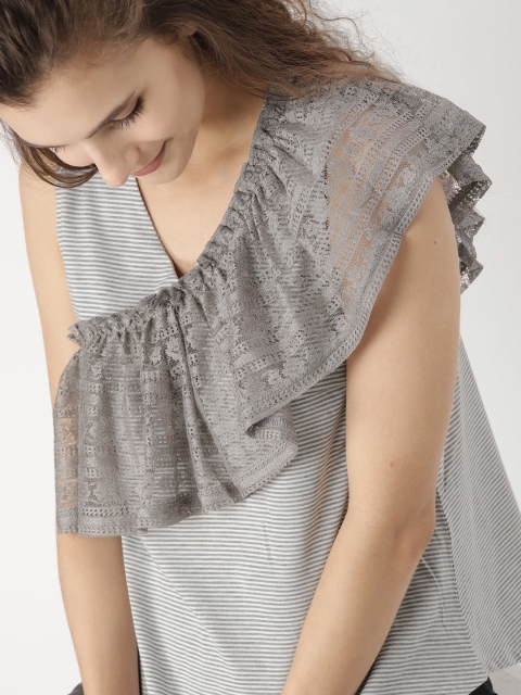 

DressBerry Women Grey & White Striped Top
