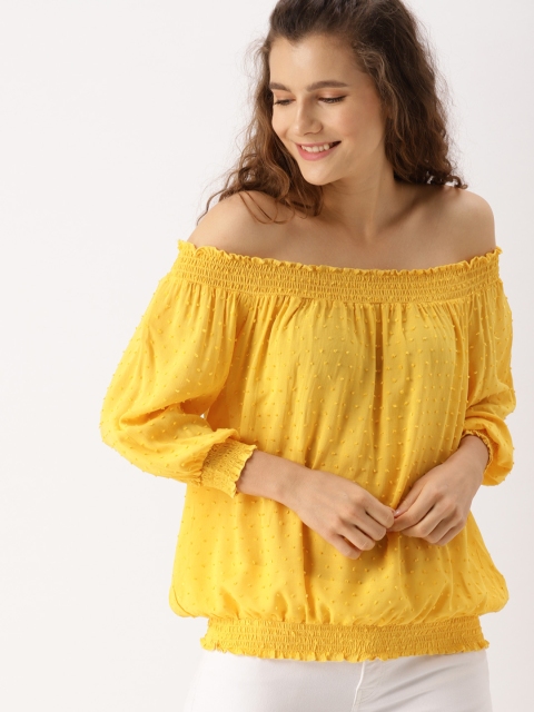 

DressBerry Women Yellow Self Design Off-shoulder Bardot Top