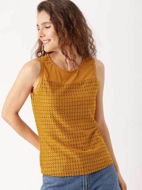 

DressBerry Women Mustard Yellow Self Design Top