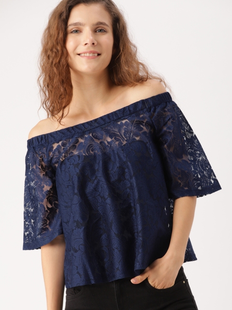 

DressBerry Women Navy Blue Self Design Top