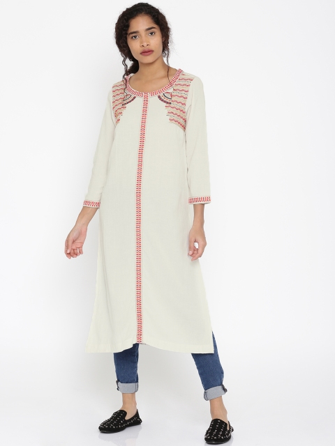 

Global Desi Women Off-White Woven Design A-Line Kurta