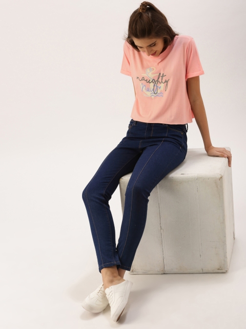 

DressBerry Women Peach-Coloured Printed Round Neck Crop T-shirt