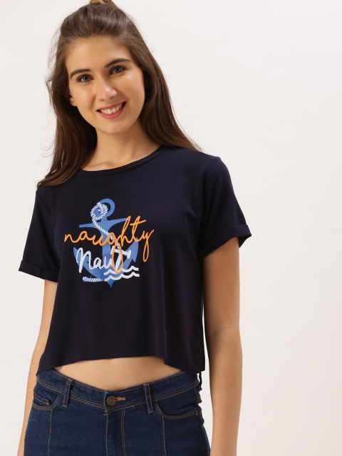 

DressBerry Women Navy Printed Round Neck Crop T-shirt, Navy blue