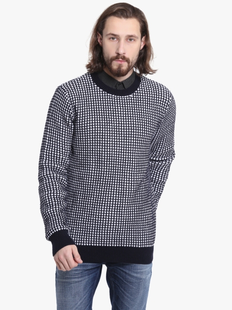 Antony Morato Men Navy Blue & White Checked Pullover