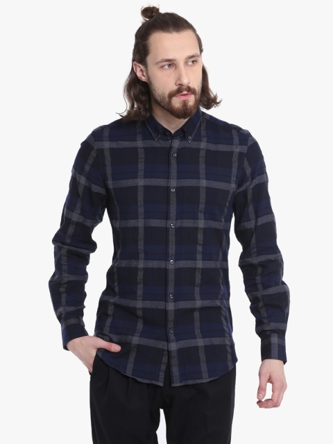 Antony Morato Men Blue & Grey Slim Fit Checked Casual Shirt