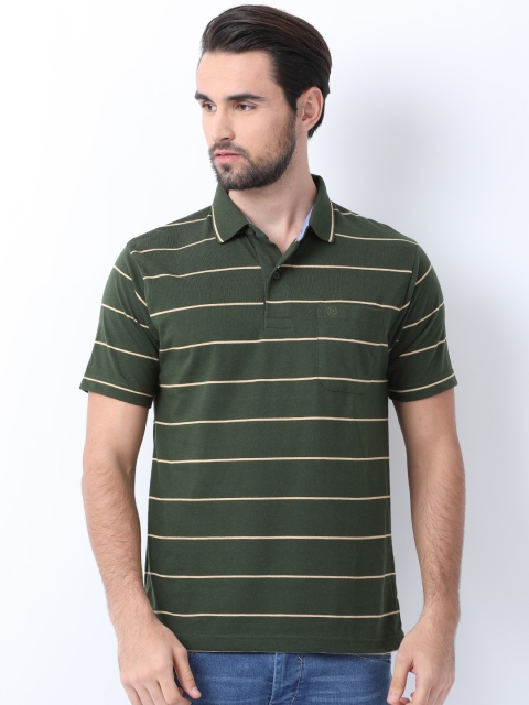 

Classic Polo Men Olive Green Striped Polo Collar T-shirt
