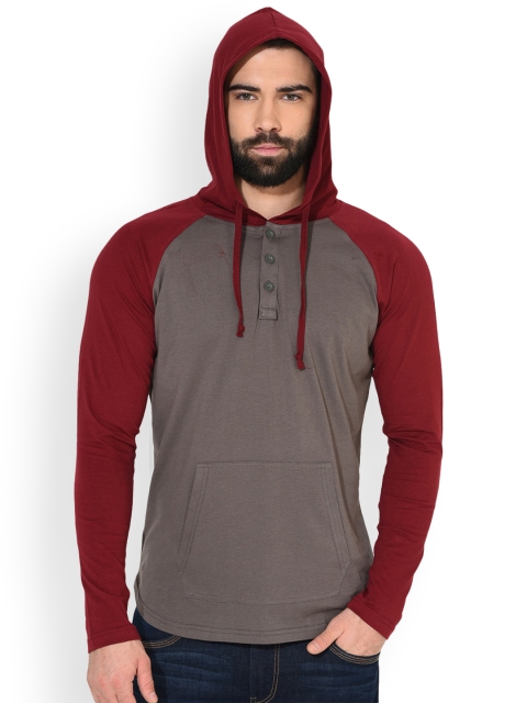 

GRITSTONES Men Taupe & Maroon Colourblocked Hooded Sweatshirt