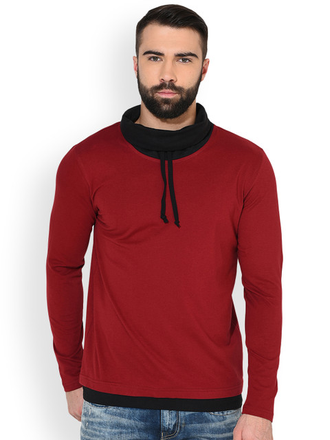 

GRITSTONES Men Maroon Colourblocked Cowl Neck T-shirt