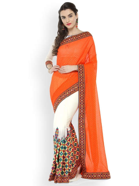 Kvsfab Orange & White Poly Georgette Embroidered Saree