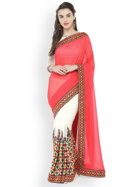 

Kvsfab Pink & White Poly Georgette Embroidered Saree