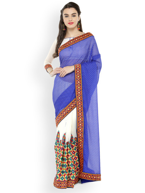 

Kvsfab Blue & White Poly Georgette Embroidered Saree