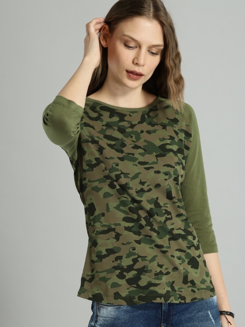 

Roadster Women Olive Green Printed Round Neck T-shirt
