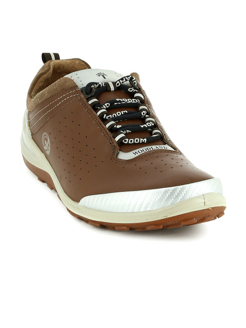 

Woodland Men Brown & Silver-Toned Perforated Leather Sneakers