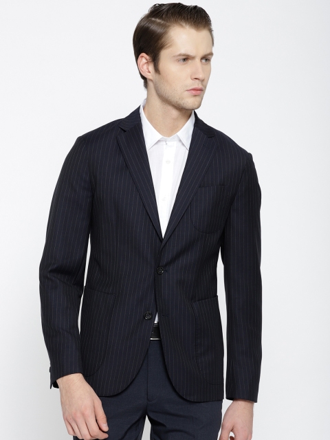 

MANGO MAN Navy Blue Pinstripes Slim Fit Single-Breasted Smart Casual Blazer