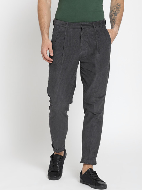 

MANGO MAN Charcoal Grey Regular Fit Printed Trousers