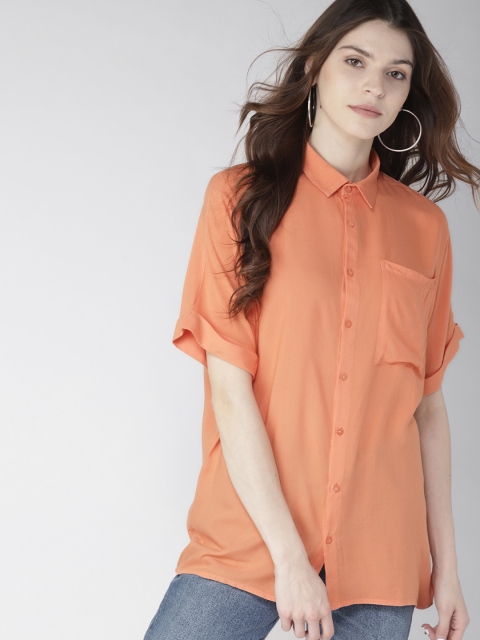

Mast & Harbour Women Coral Orange Regular Fit Solid Casual Shirt