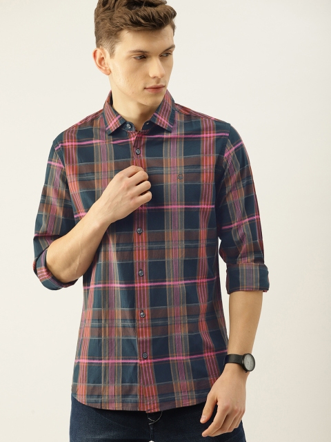 

United Colors of Benetton Men Navy Blue & Brown Slim Fit Checked Casual Shirt