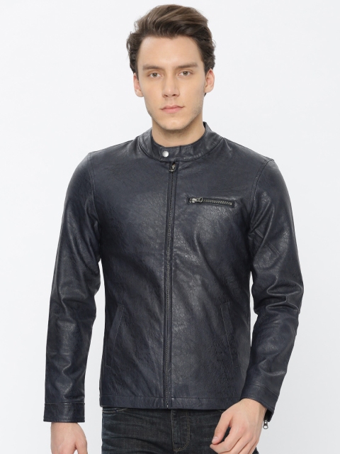 

United Colors of Benetton Men Navy Solid Biker Jacket, Navy blue