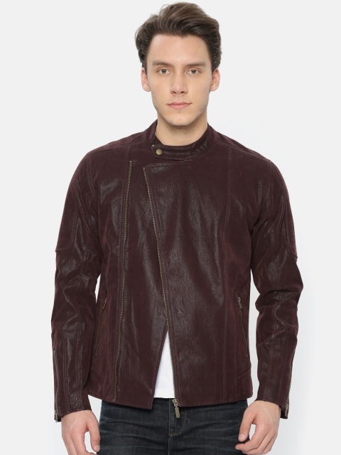 

United Colors of Benetton Men Maroon Solid Biker Jacket